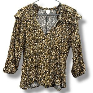 Evereve Roan‎ + Ryan Black, Mustard & Cream Floral 3/4 Sleeve Ruffle V Neck Top